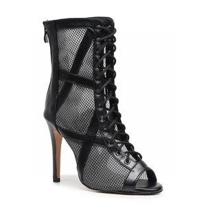 Burju 3.5 In. Stiletto - Black Cross Design Lace Up Ankle Boot with Fishnet Mesh